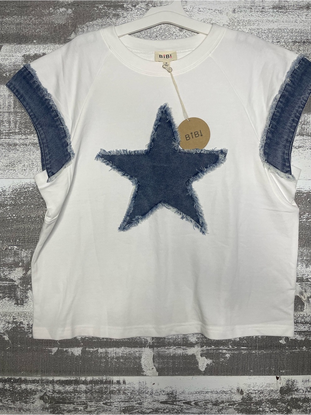 BiBi White Terry Tee with Frayed Denim Blue Star